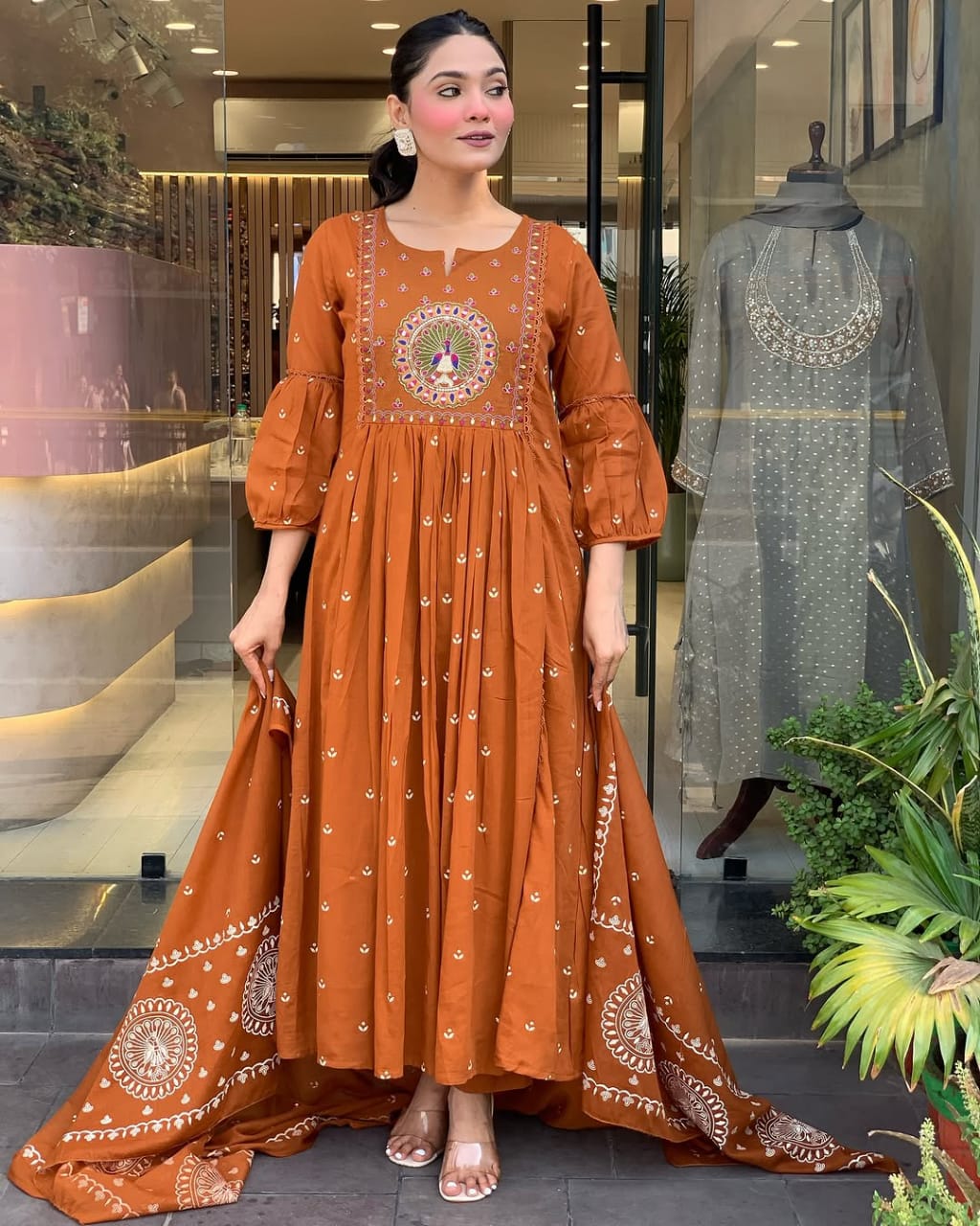 Elegant Rust Brown Floor-Length Anarkali Suit with Exquisite Embroidery & Dupatta