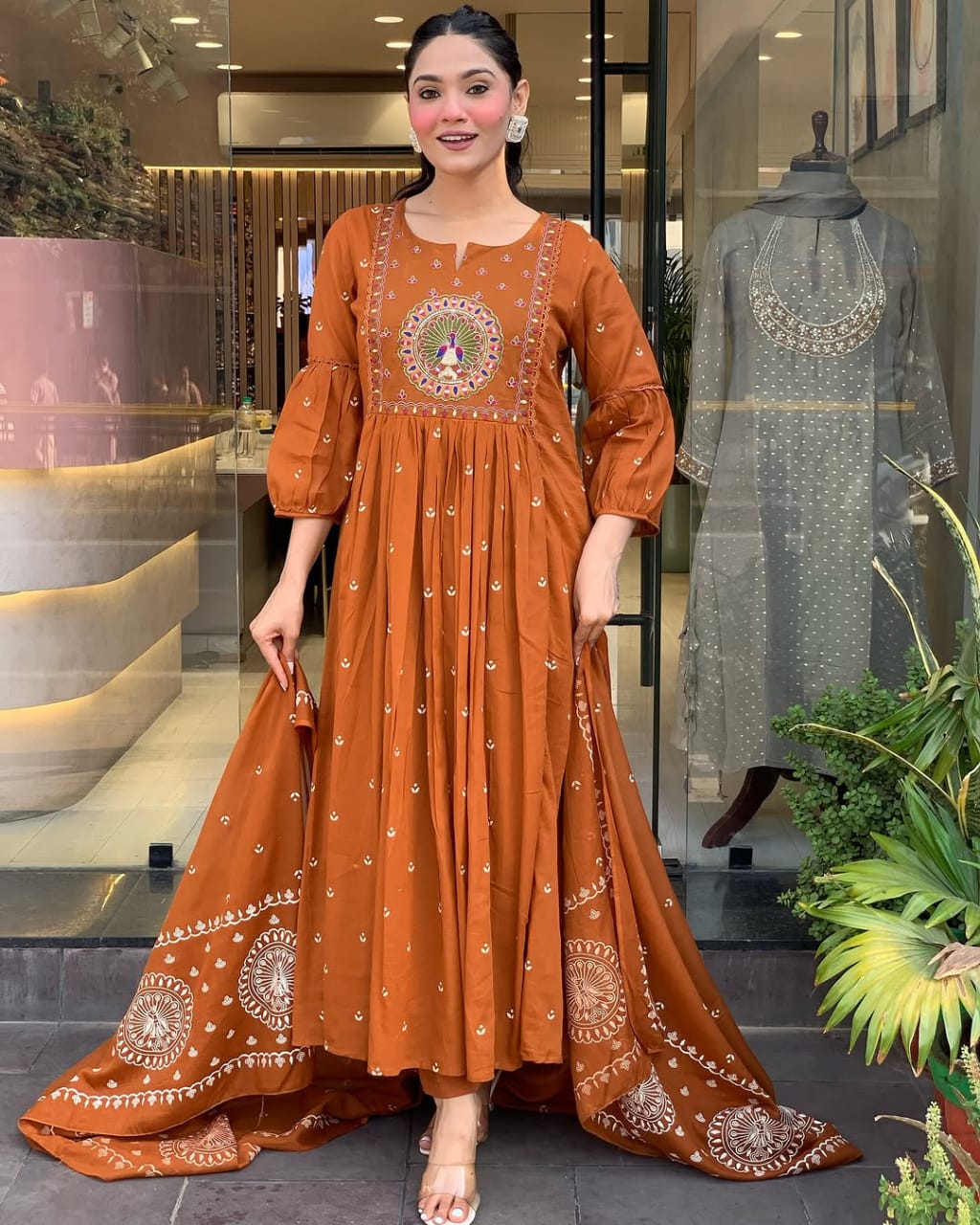 Elegant Rust Brown Floor-Length Anarkali Suit with Exquisite Embroidery & Dupatta