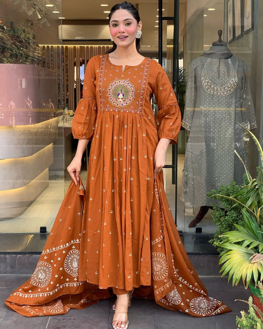 Elegant Rust Brown Floor-Length Anarkali Suit with Exquisite Embroidery & Dupatta
