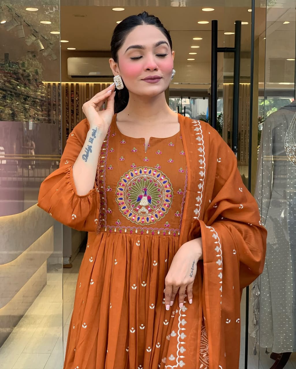 Elegant Rust Brown Floor-Length Anarkali Suit with Exquisite Embroidery & Dupatta