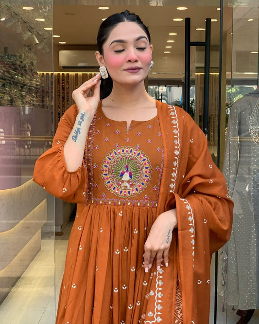 Elegant Rust Brown Floor-Length Anarkali Suit with Exquisite Embroidery & Dupatta