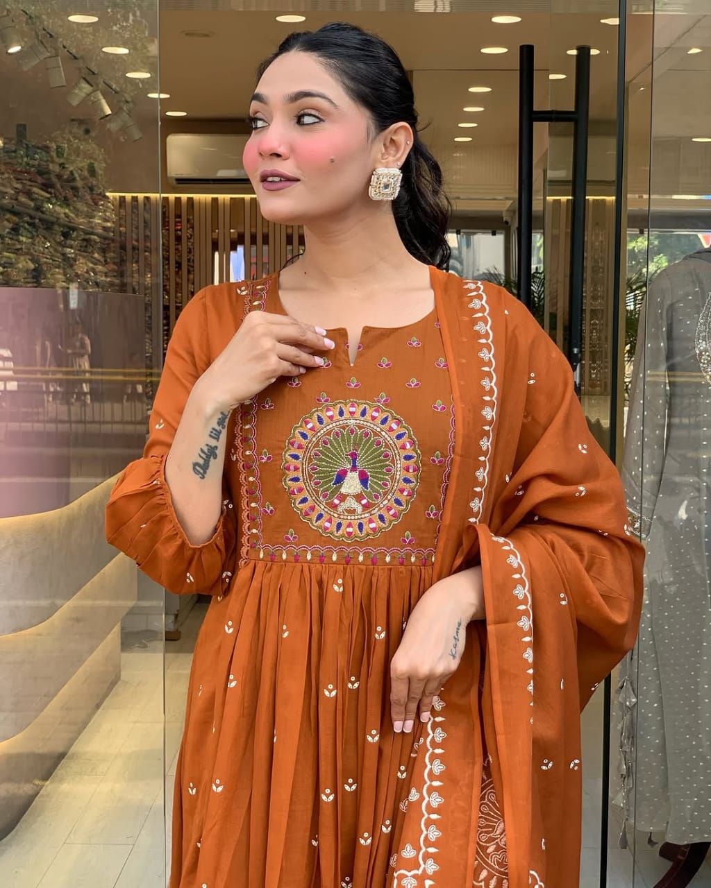 Elegant Rust Brown Floor-Length Anarkali Suit with Exquisite Embroidery & Dupatta