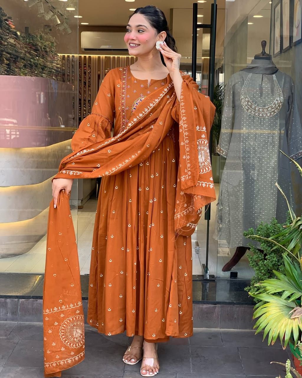 Elegant Rust Brown Floor-Length Anarkali Suit with Exquisite Embroidery & Dupatta
