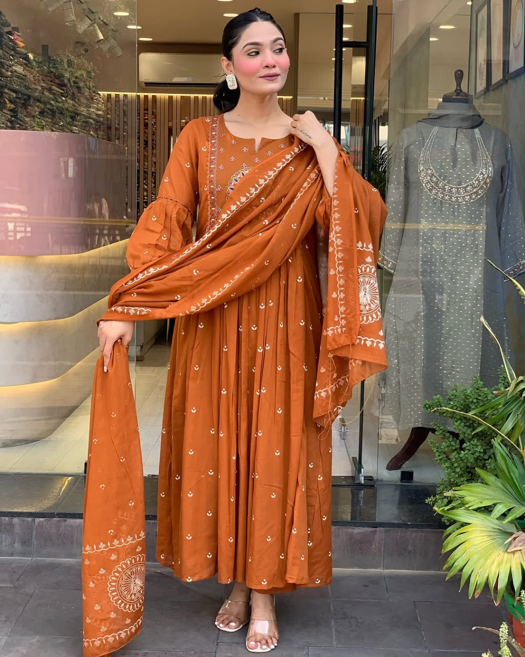 Elegant Rust Brown Floor-Length Anarkali Suit with Exquisite Embroidery & Dupatta