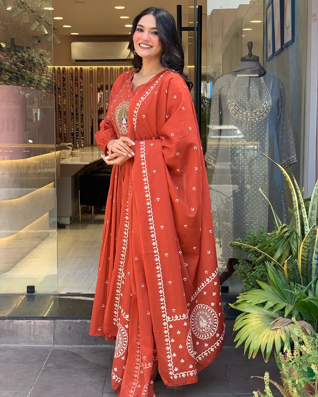 Elegant Rust Orange Embroidered Anarkali Suit for Women with Dupatta