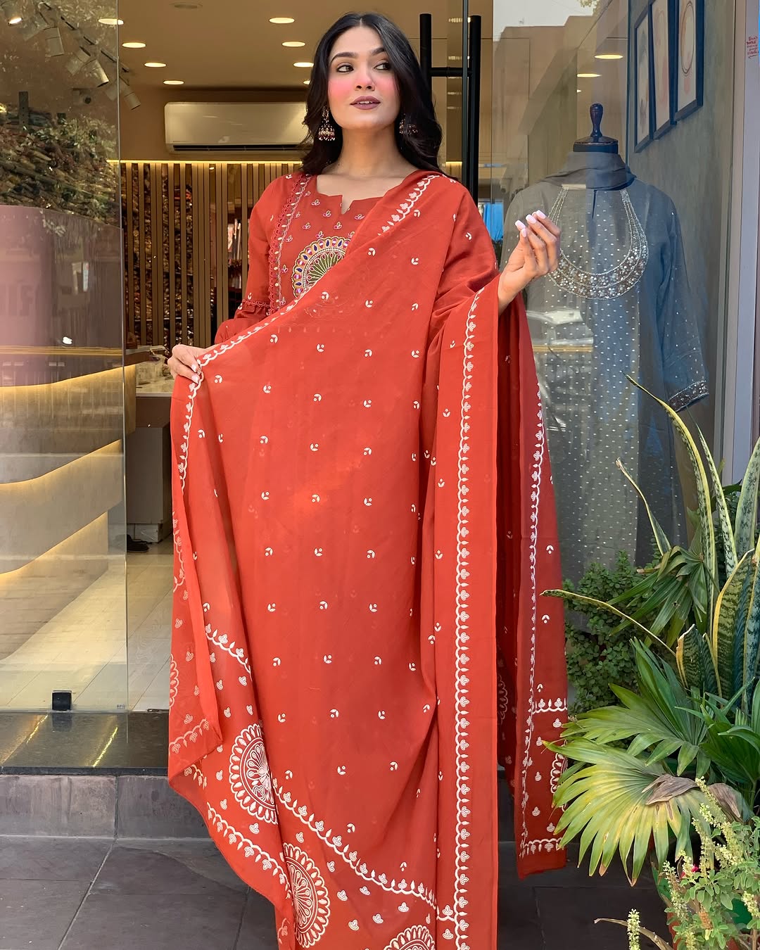 Elegant Rust Orange Embroidered Anarkali Suit for Women with Dupatta