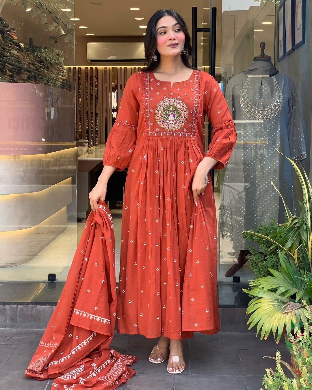 Elegant Rust Orange Embroidered Anarkali Suit for Women with Dupatta