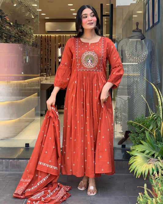 Elegant Rust Orange Embroidered Anarkali Suit for Women with Dupatta