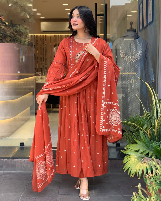 Elegant Biba Rust Orange Embroidered Anarkali Suit with Dupatta for Women