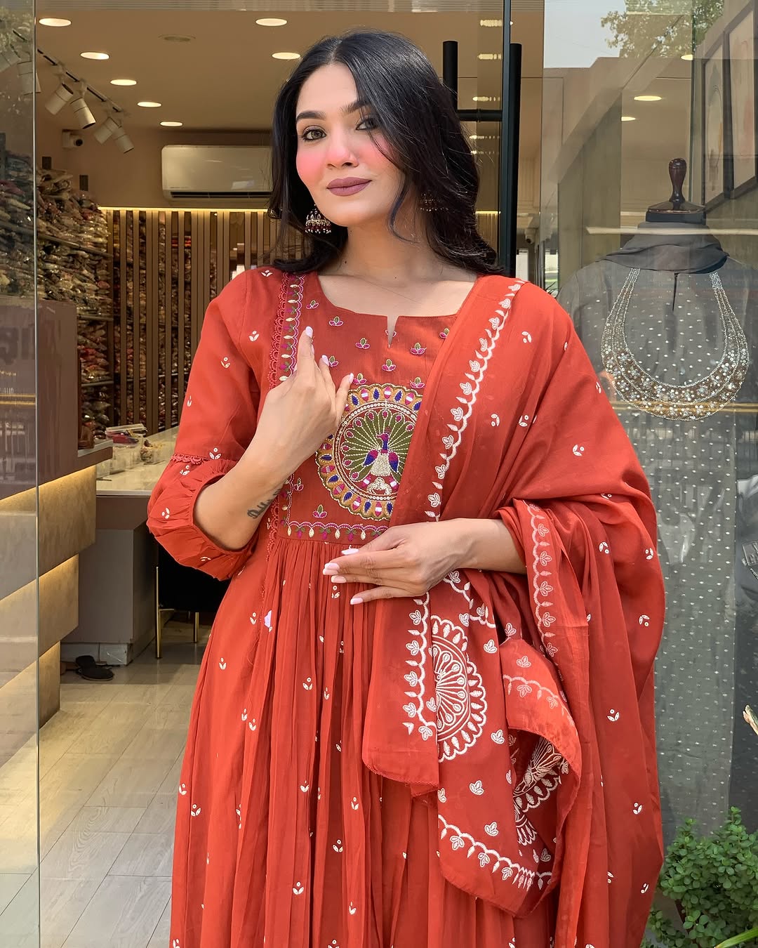 Elegant Rust Orange Embroidered Anarkali Suit for Women with Dupatta