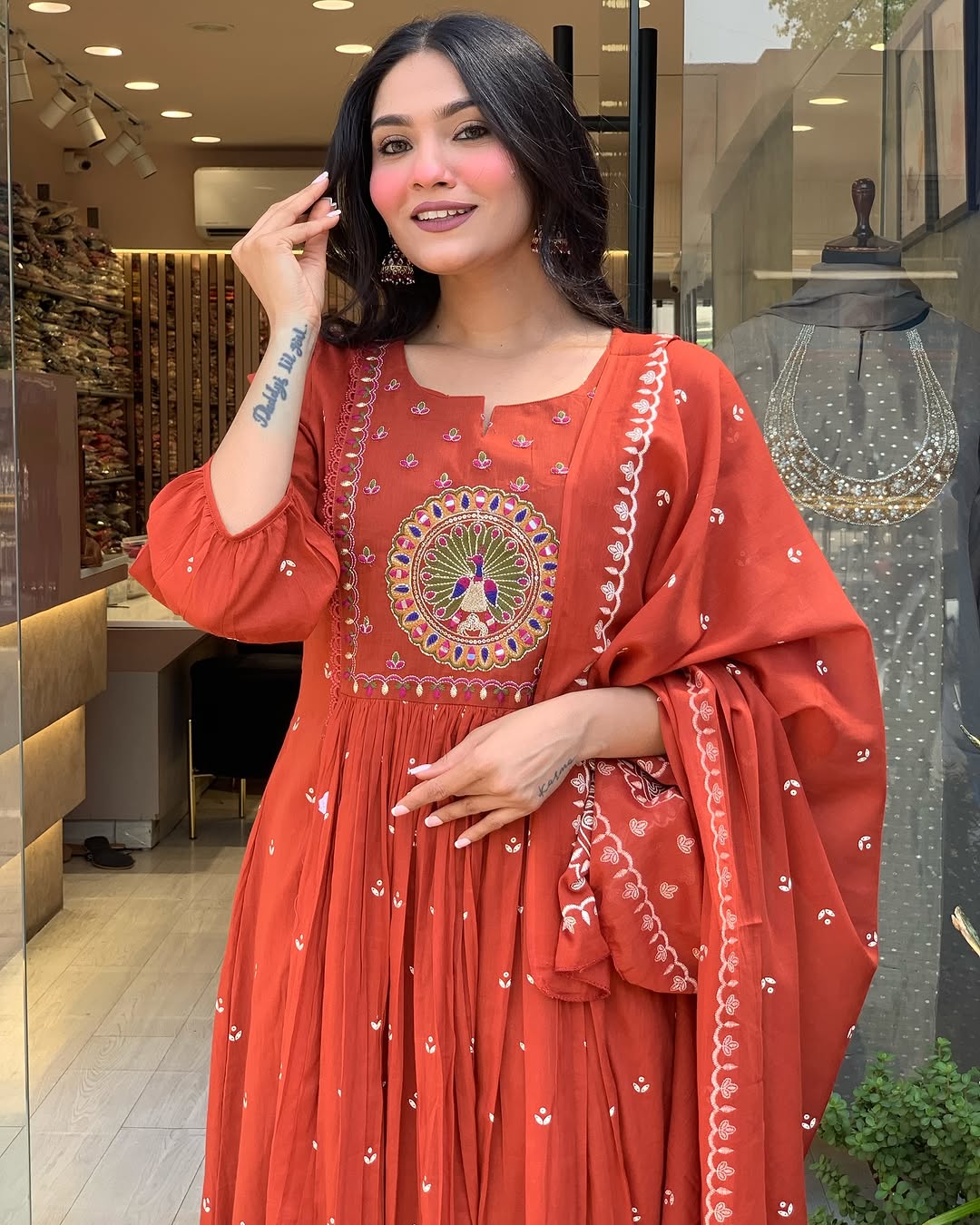 Elegant Rust Orange Embroidered Anarkali Suit for Women with Dupatta