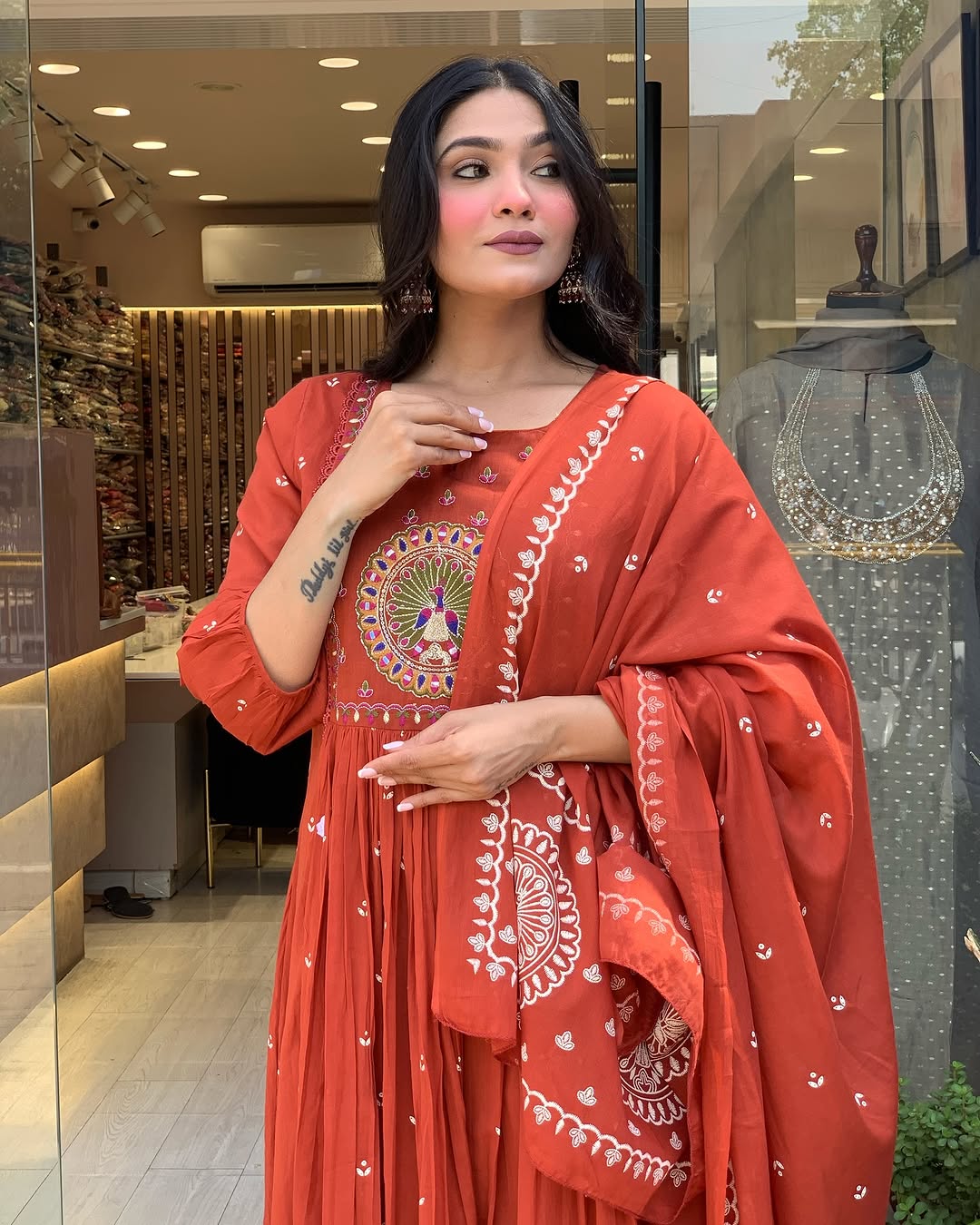 Elegant Rust Orange Embroidered Anarkali Suit for Women with Dupatta