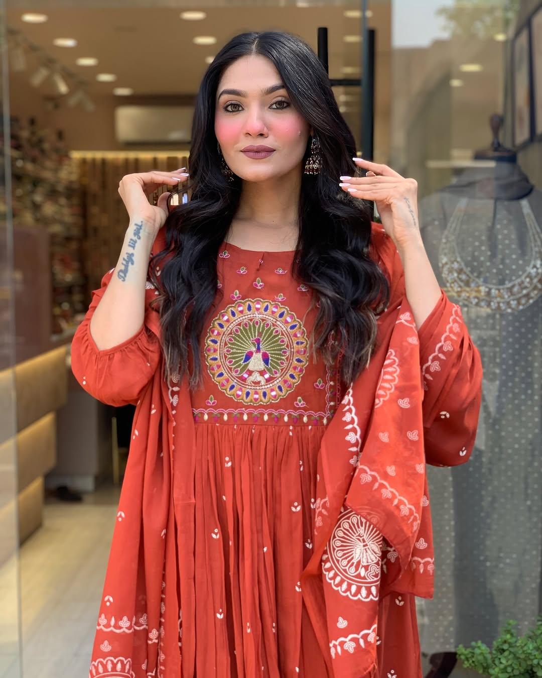 Elegant Rust Orange Embroidered Anarkali Suit for Women with Dupatta