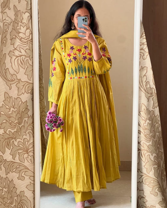 Charming Yellow Embroidered Kurta Pant Dupatta Set - Elegant Ethnic Wear for Women
