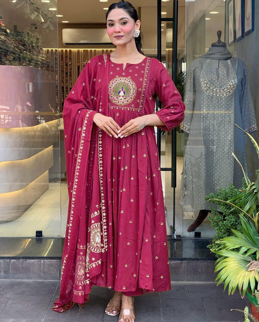 Elegant Maroon Anarkali Kurta Set with Intricate Peacock Embroidery Design