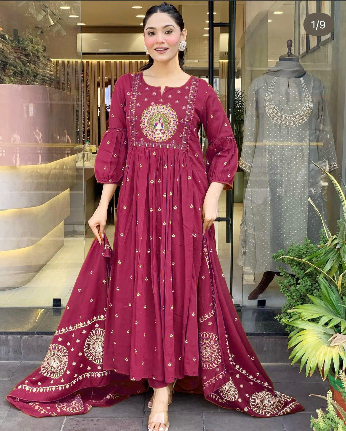 Elegant Maroon Anarkali Kurta Set with Intricate Peacock Embroidery Design