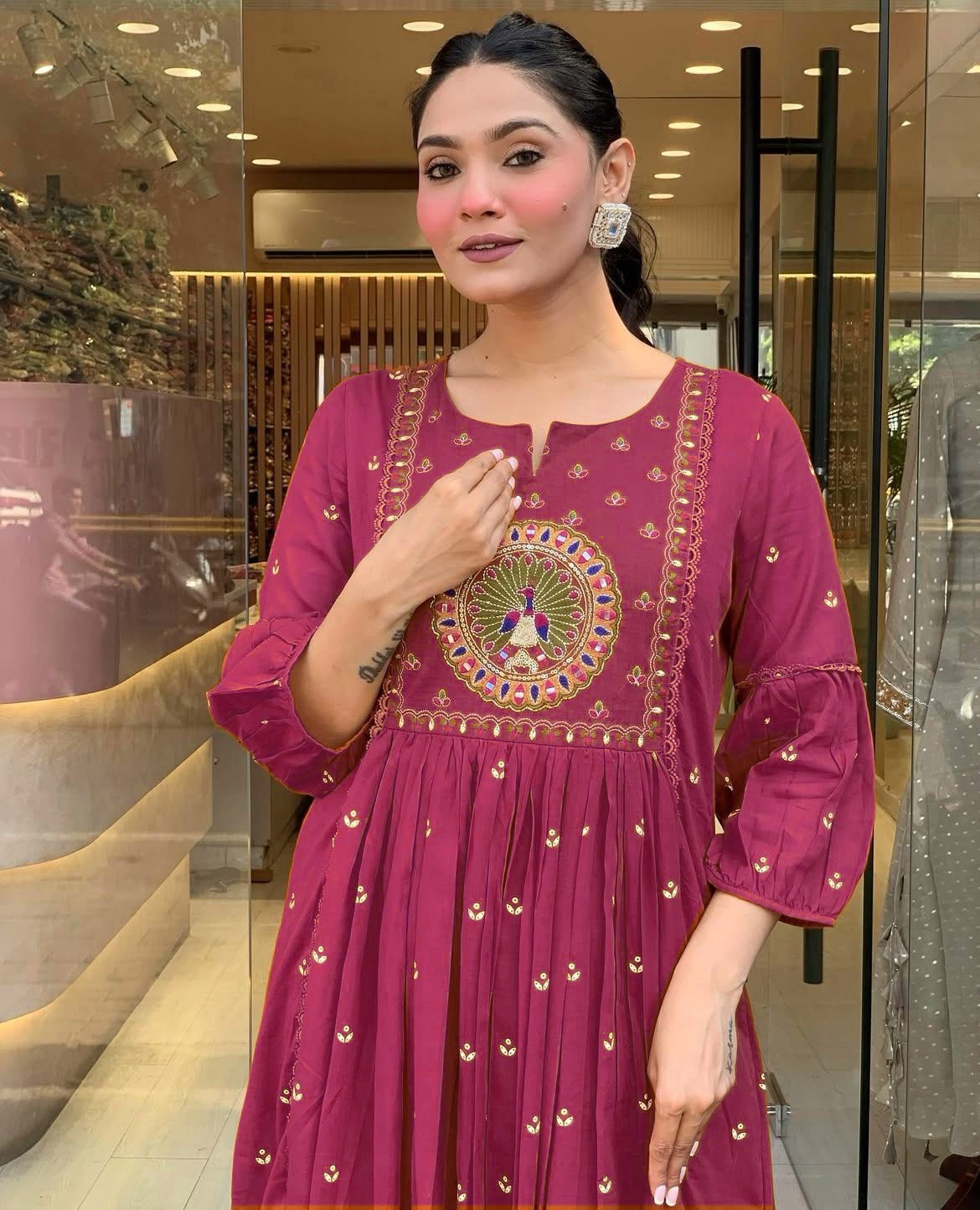 Elegant Maroon Anarkali Kurta Set with Intricate Peacock Embroidery Design