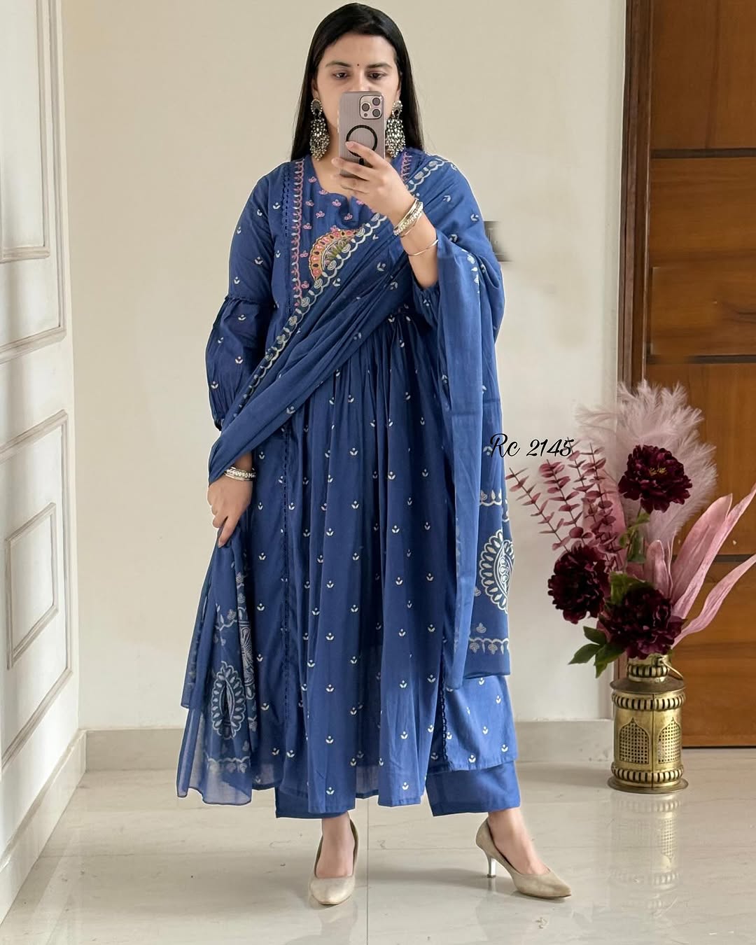Biba Royal Blue Anarkali Kurta Set with Elegant Mirror Work Embroidery