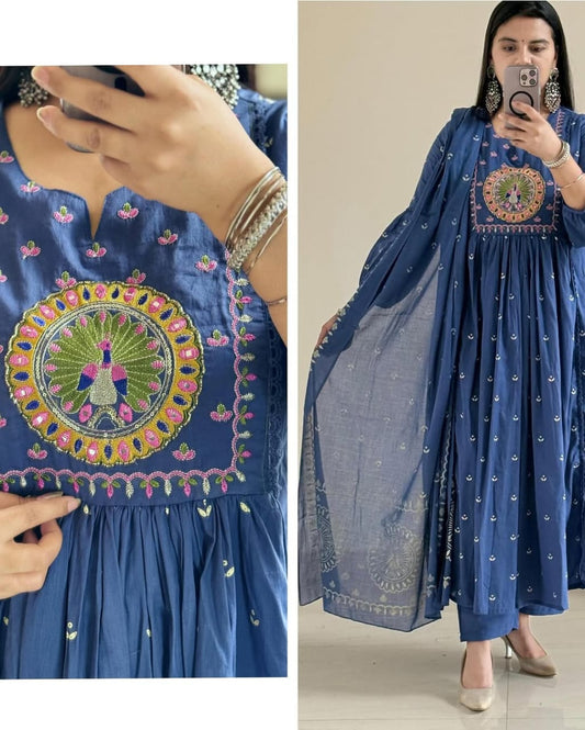 Biba Royal Blue Anarkali Kurta Set with Elegant Mirror Work Embroidery