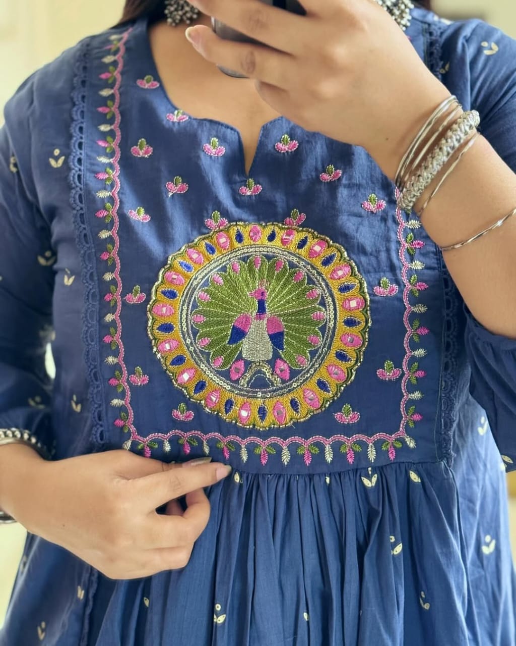 Biba Royal Blue Anarkali Kurta Set with Elegant Mirror Work Embroidery