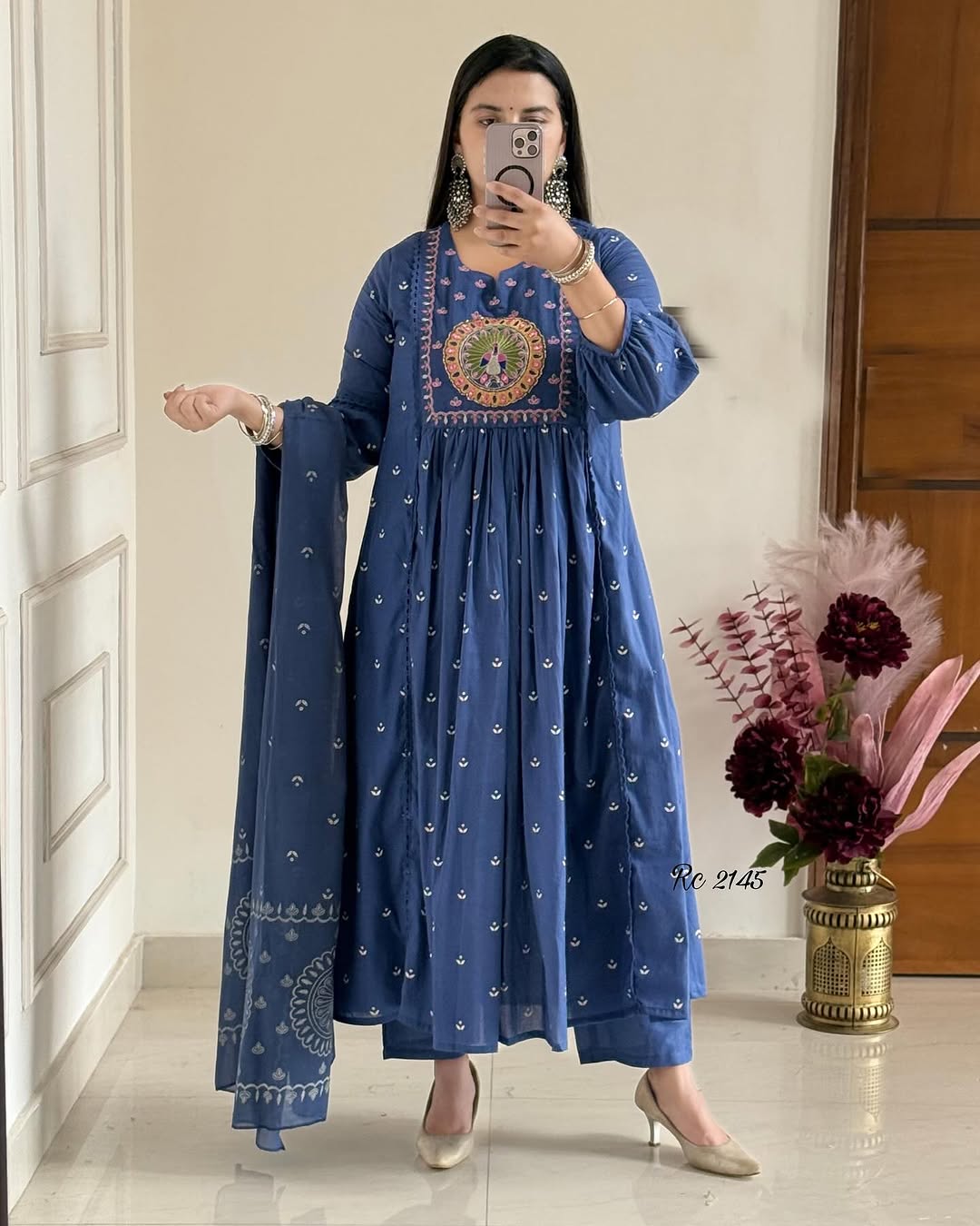 Biba Royal Blue Anarkali Kurta Set with Elegant Mirror Work Embroidery