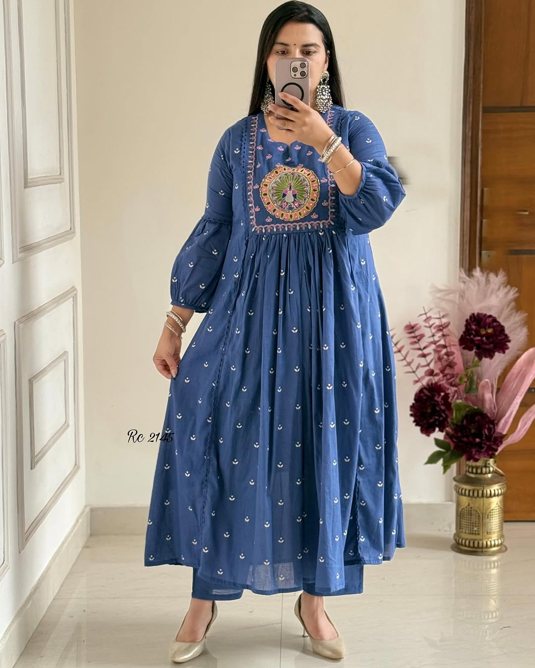 Biba Royal Blue Anarkali Kurta Set with Elegant Mirror Work Embroidery