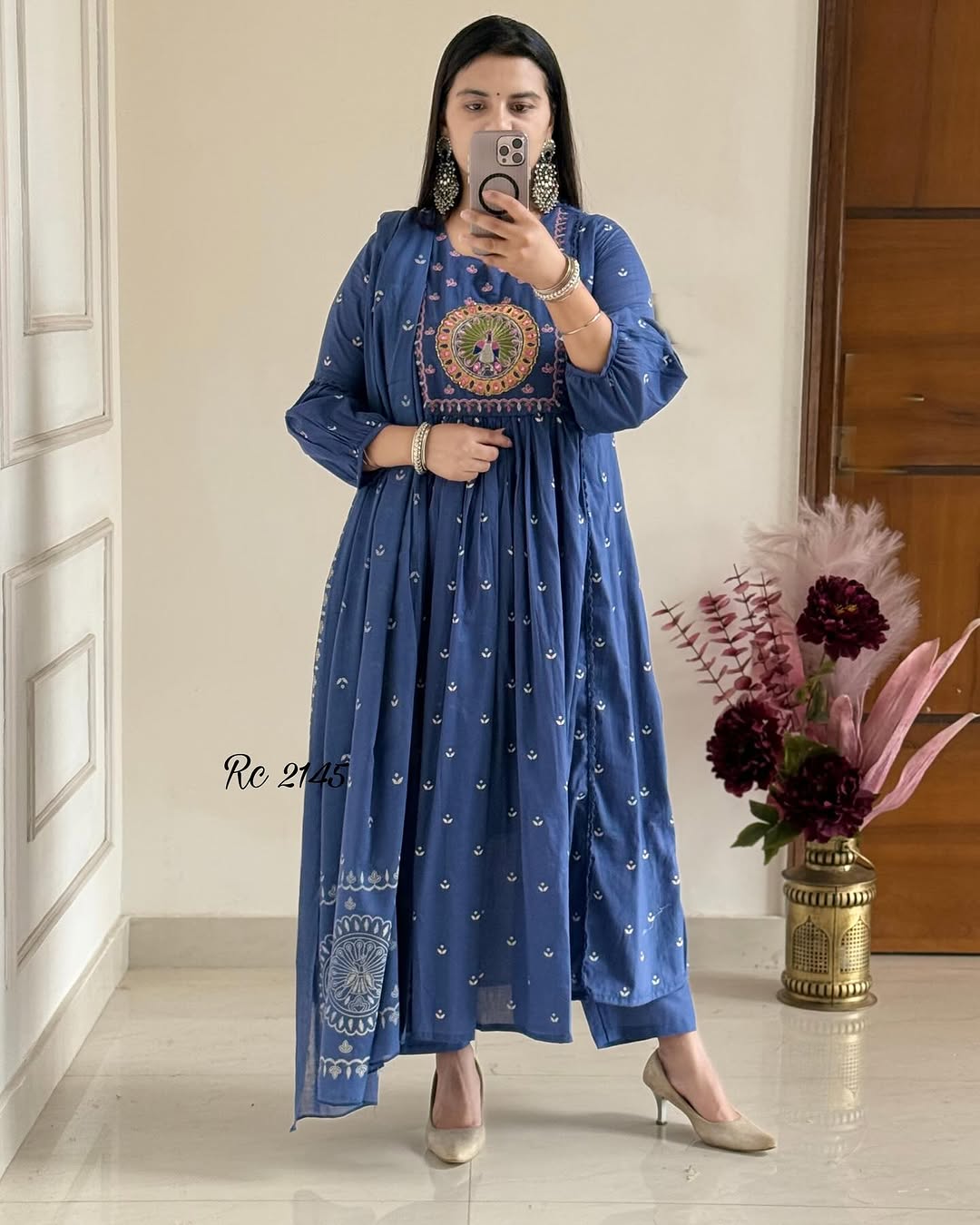 Biba Royal Blue Anarkali Kurta Set with Elegant Mirror Work Embroidery