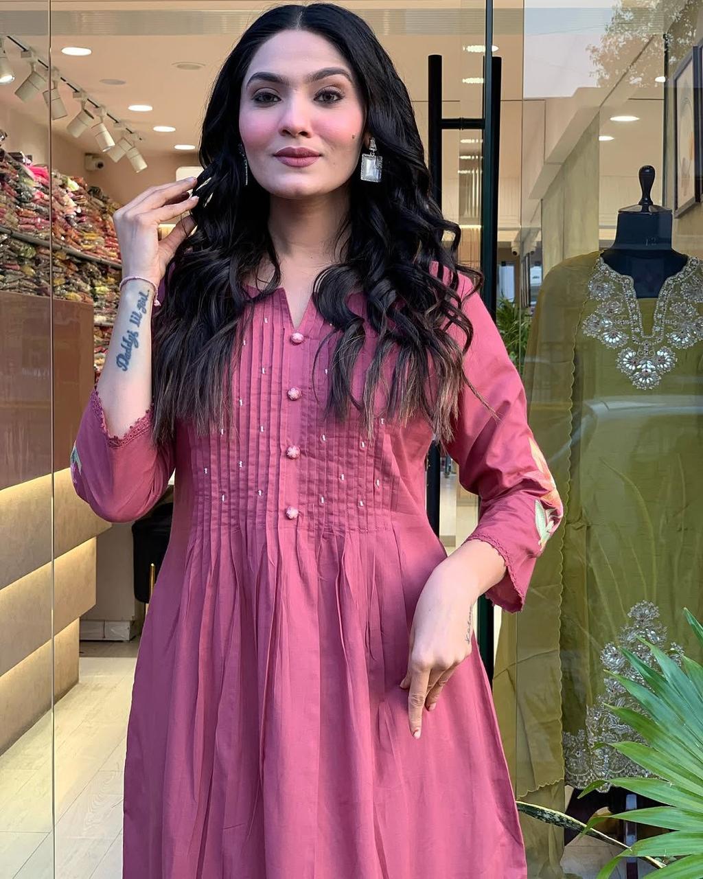 Elegant Rosewood Flared Kurta for Women, Intricate Front Detailing, Premium Comfort Fabric