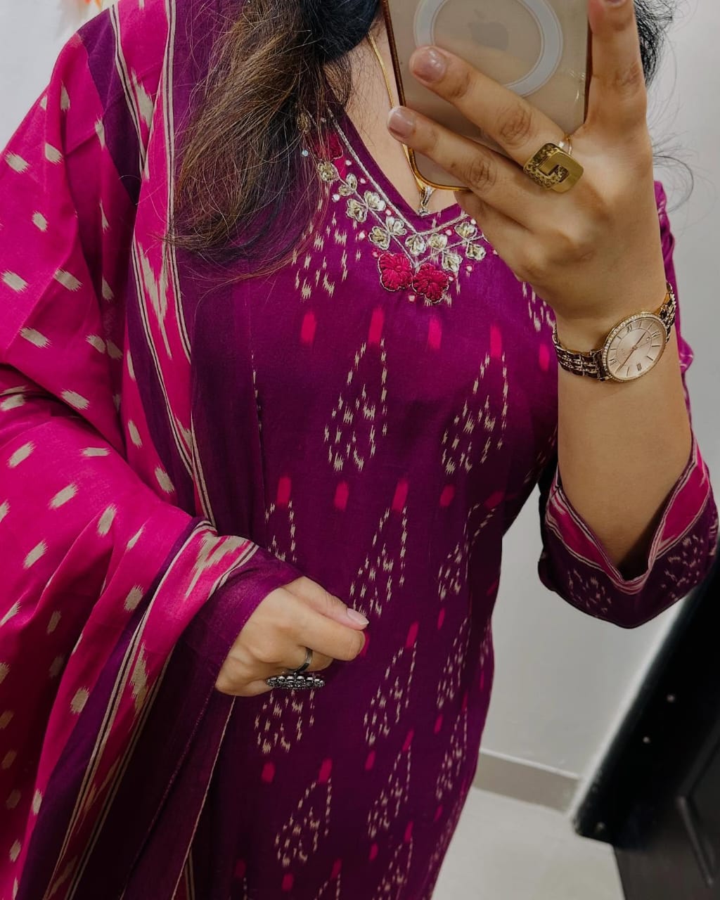 Vibrant Biba Magenta Ikat Print Cotton Kurta Set with Chic Contrast Dupatta