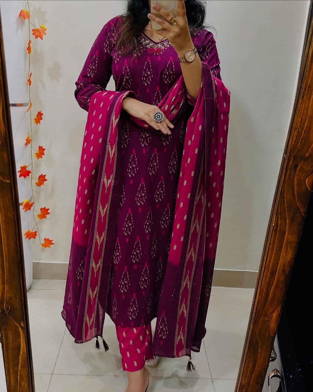 Vibrant Biba Magenta Ikat Print Cotton Kurta Set with Chic Contrast Dupatta
