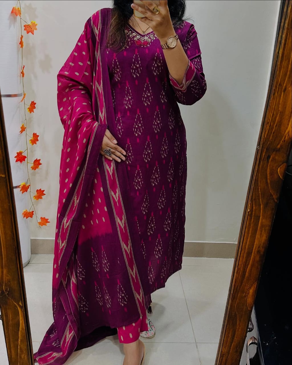 Vibrant Biba Magenta Ikat Print Cotton Kurta Set with Chic Contrast Dupatta