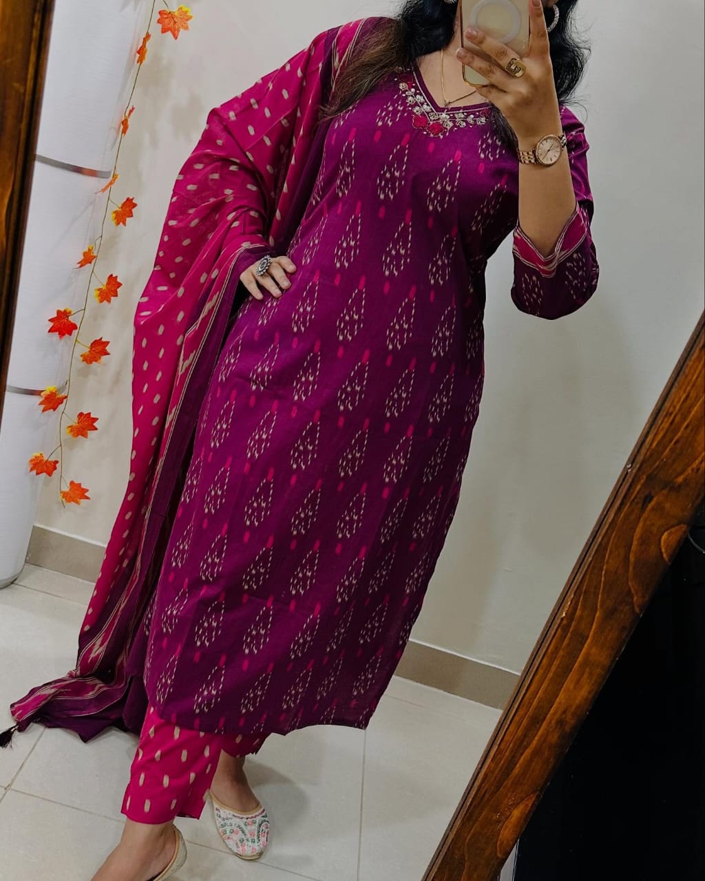 Vibrant Biba Magenta Ikat Print Cotton Kurta Set with Chic Contrast Dupatta