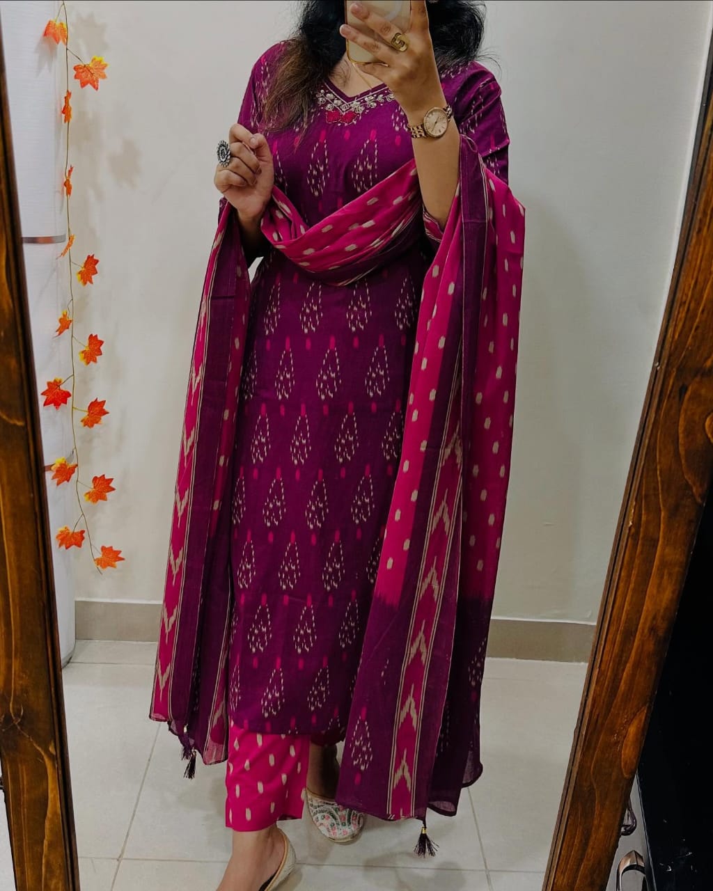 Vibrant Biba Magenta Ikat Print Cotton Kurta Set with Chic Contrast Dupatta