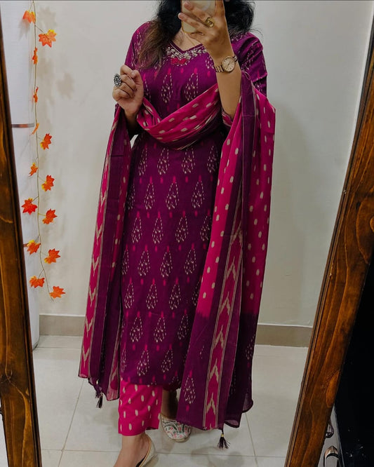 Vibrant Biba Magenta Ikat Print Cotton Kurta Set with Chic Contrast Dupatta