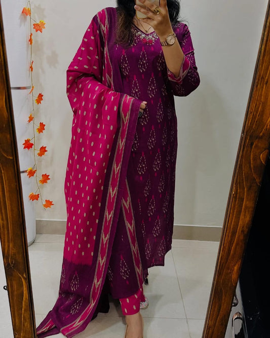 Vibrant Biba Magenta Ikat Print Cotton Kurta Set with Chic Contrast Dupatta