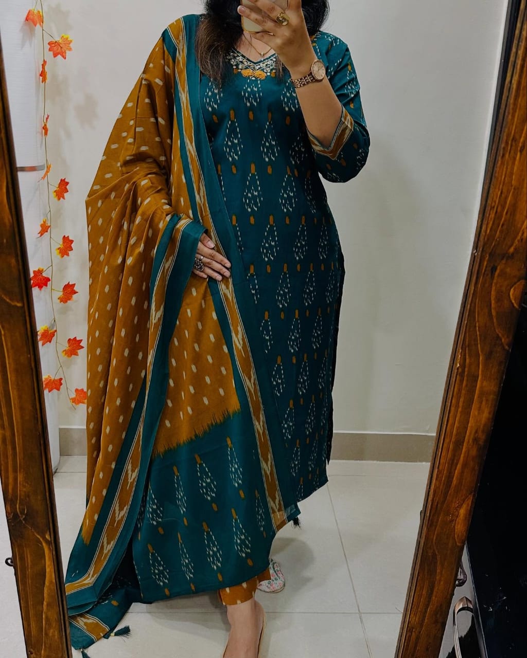 Biba Women's Teal Mustard Ikat Print Cotton Kurta Set with Dupatta