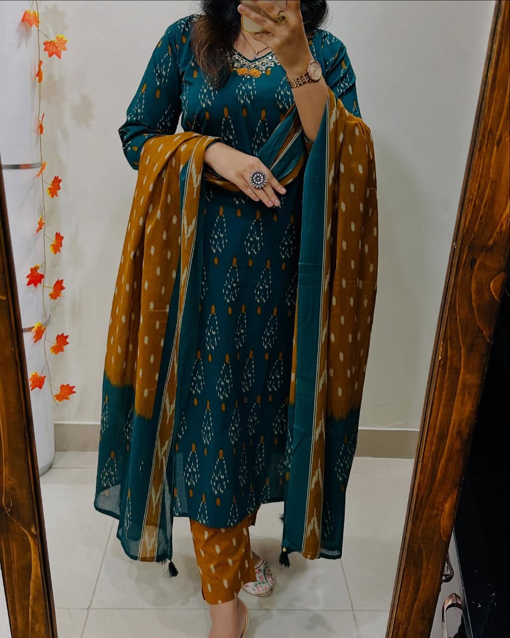 Biba Women's Teal Mustard Ikat Print Cotton Kurta Set with Dupatta