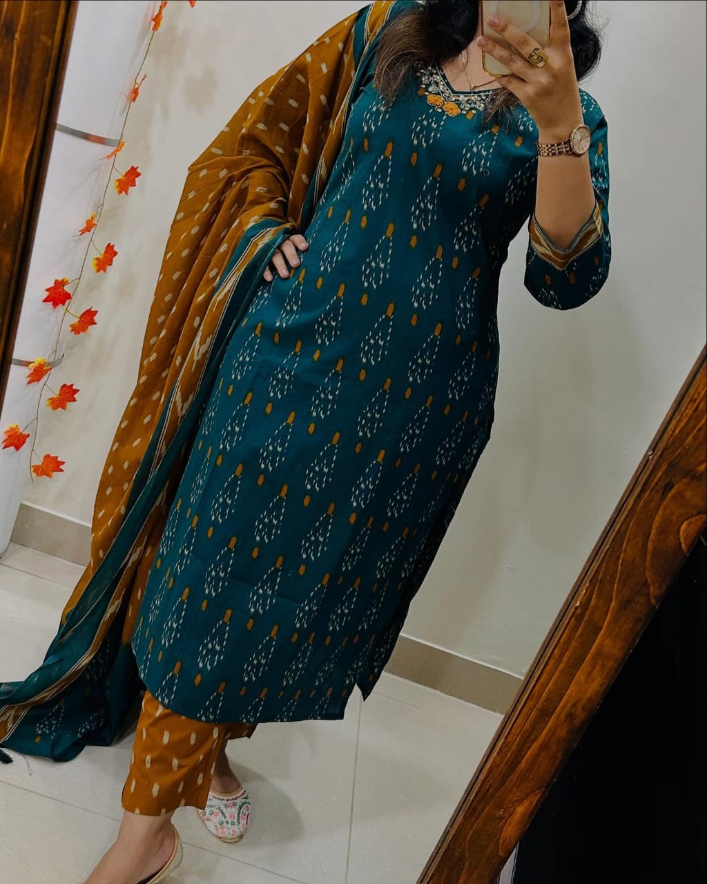 Biba Women's Teal Mustard Ikat Print Cotton Kurta Set with Dupatta