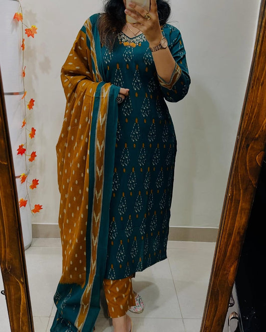 Biba Women's Teal Mustard Ikat Print Cotton Kurta Set with Dupatta