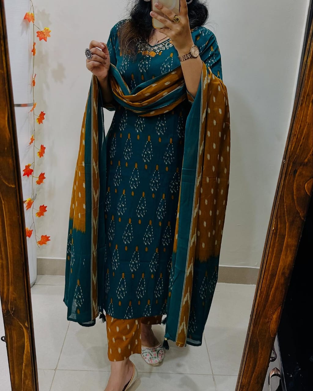 Biba Women's Teal Mustard Ikat Print Cotton Kurta Set with Dupatta