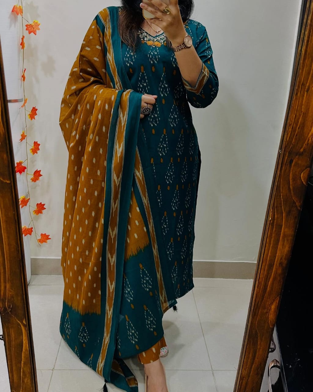Biba Women's Teal Mustard Ikat Print Cotton Kurta Set with Dupatta
