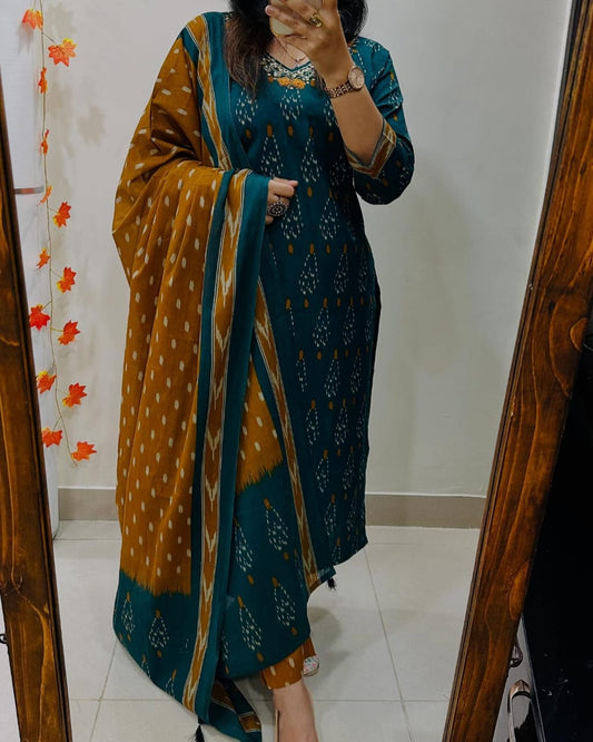 Biba Women's Teal Mustard Ikat Print Cotton Kurta Set with Dupatta
