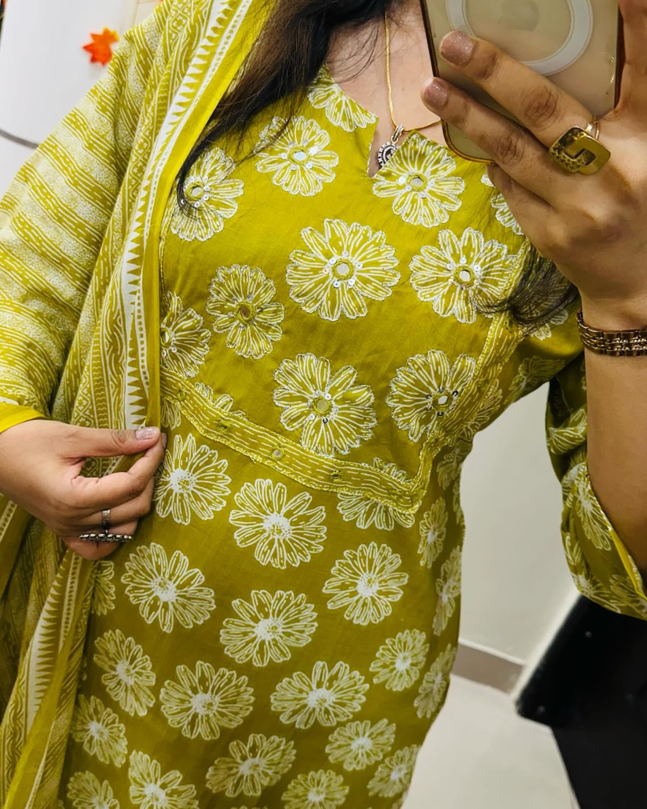 Biba Mustard Yellow Floral Cotton Kurta Set, Striped Dupatta, Womens Ethnic