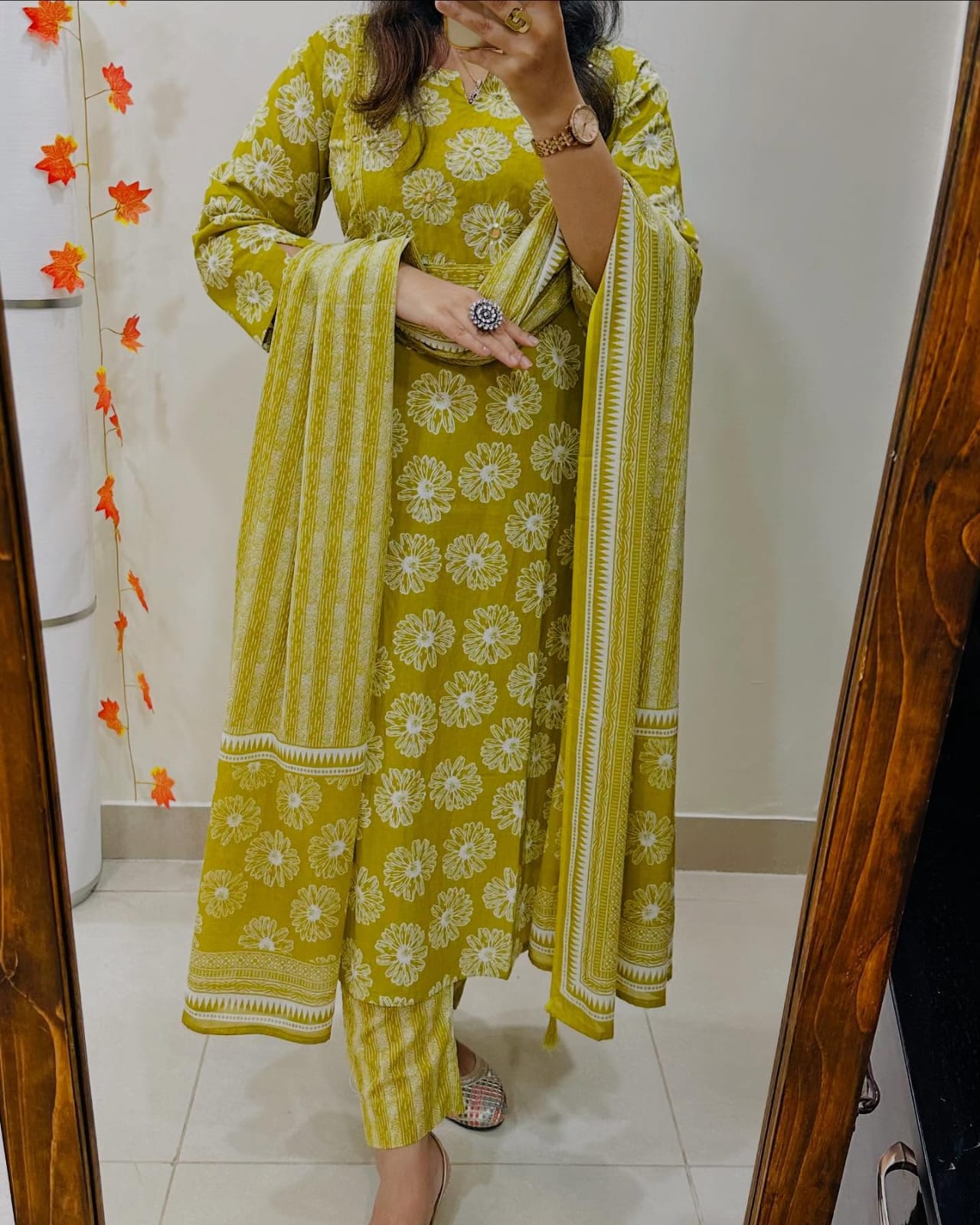 Biba Mustard Yellow Floral Cotton Kurta Set, Striped Dupatta, Womens Ethnic