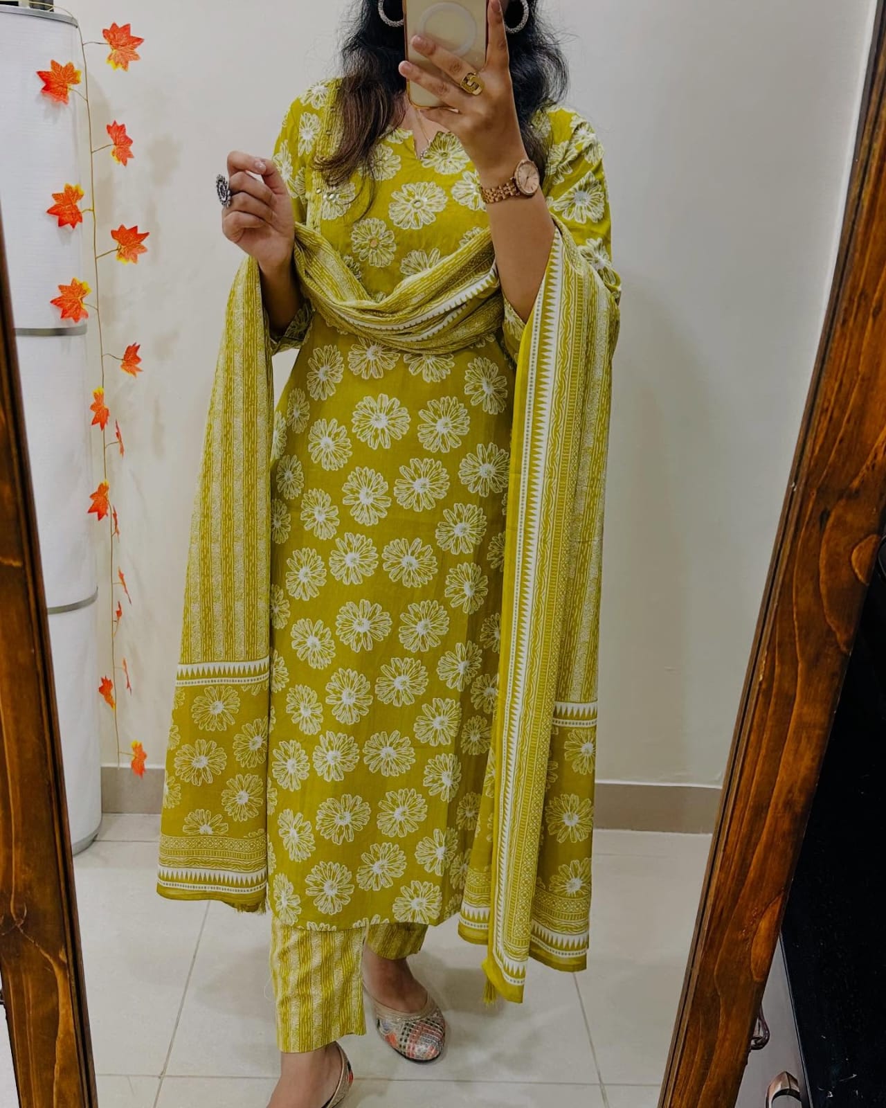 Biba Mustard Yellow Floral Cotton Kurta Set, Striped Dupatta, Womens Ethnic