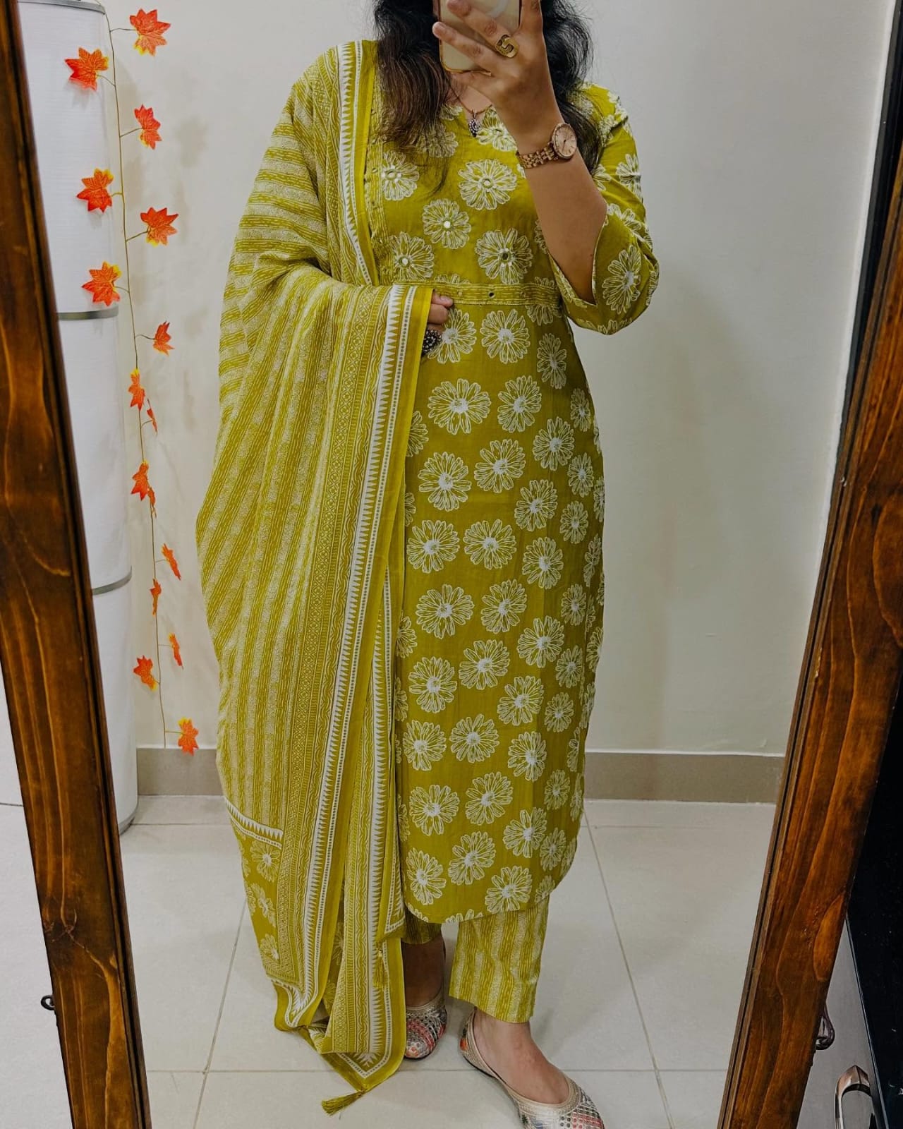 Biba Mustard Yellow Floral Cotton Kurta Set, Striped Dupatta, Womens Ethnic