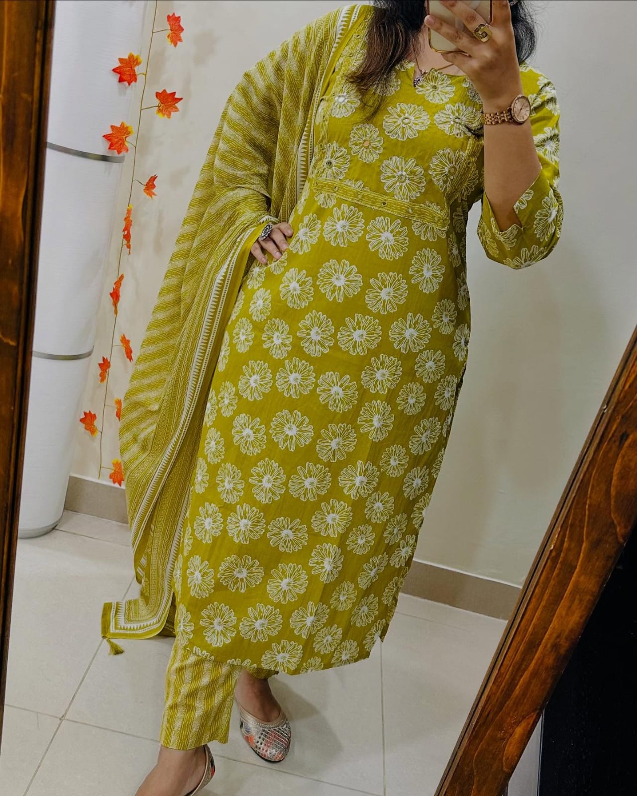 Biba Mustard Yellow Floral Cotton Kurta Set, Striped Dupatta, Womens Ethnic