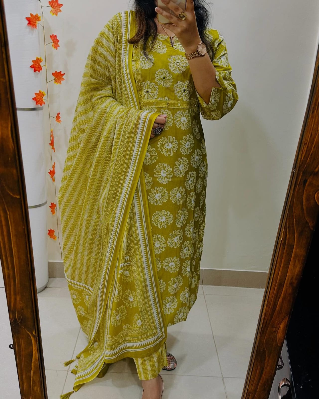 Biba Mustard Yellow Floral Cotton Kurta Set, Striped Dupatta, Womens Ethnic