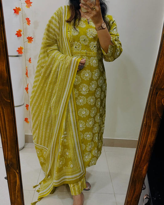 Biba Mustard Yellow Floral Cotton Kurta Set, Striped Dupatta, Womens Ethnic