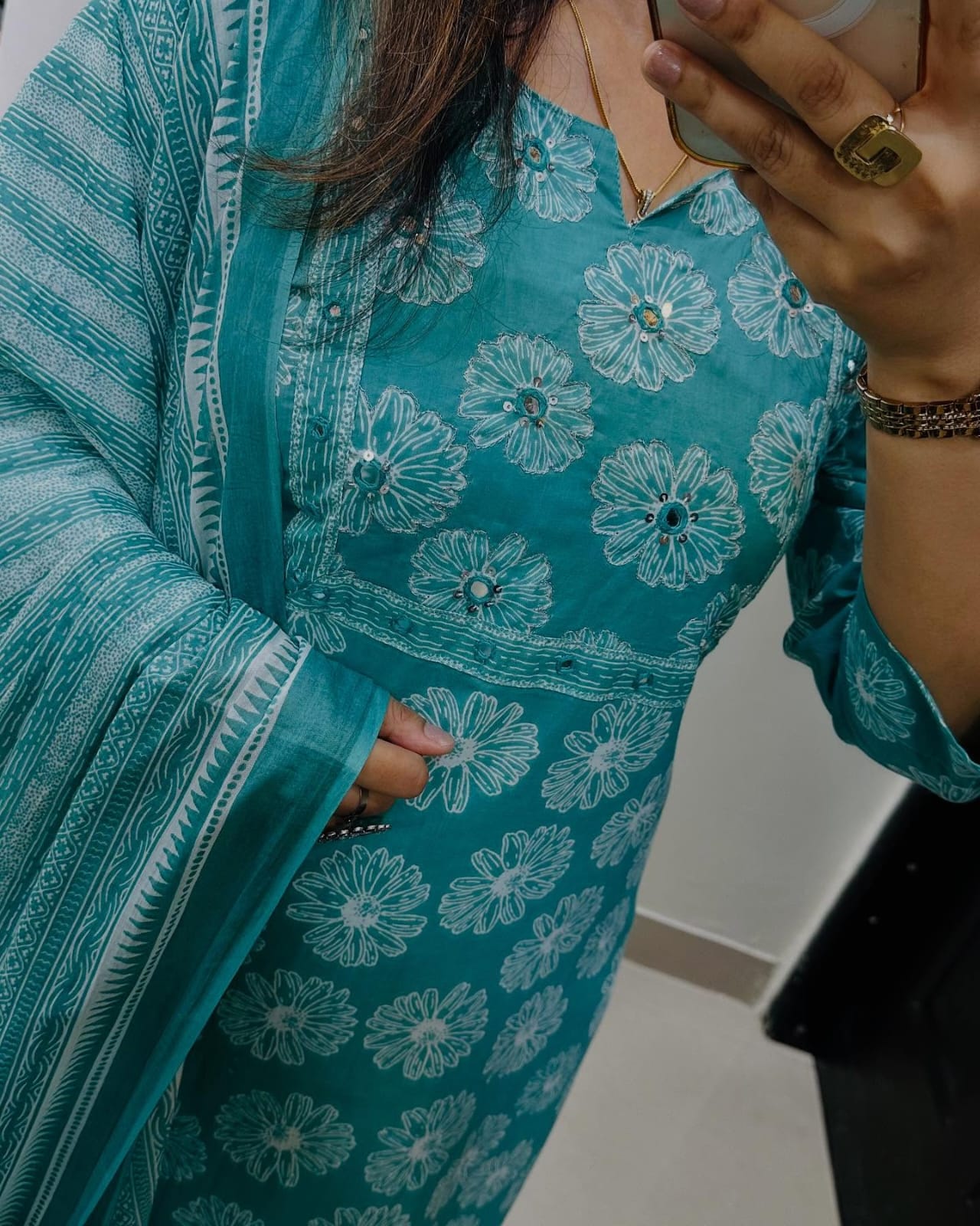 Biba Floral Cotton Kurta Set: Breathable Fabric, Elegant Design, Striped Dupatta, Women's Ethnic Apparel